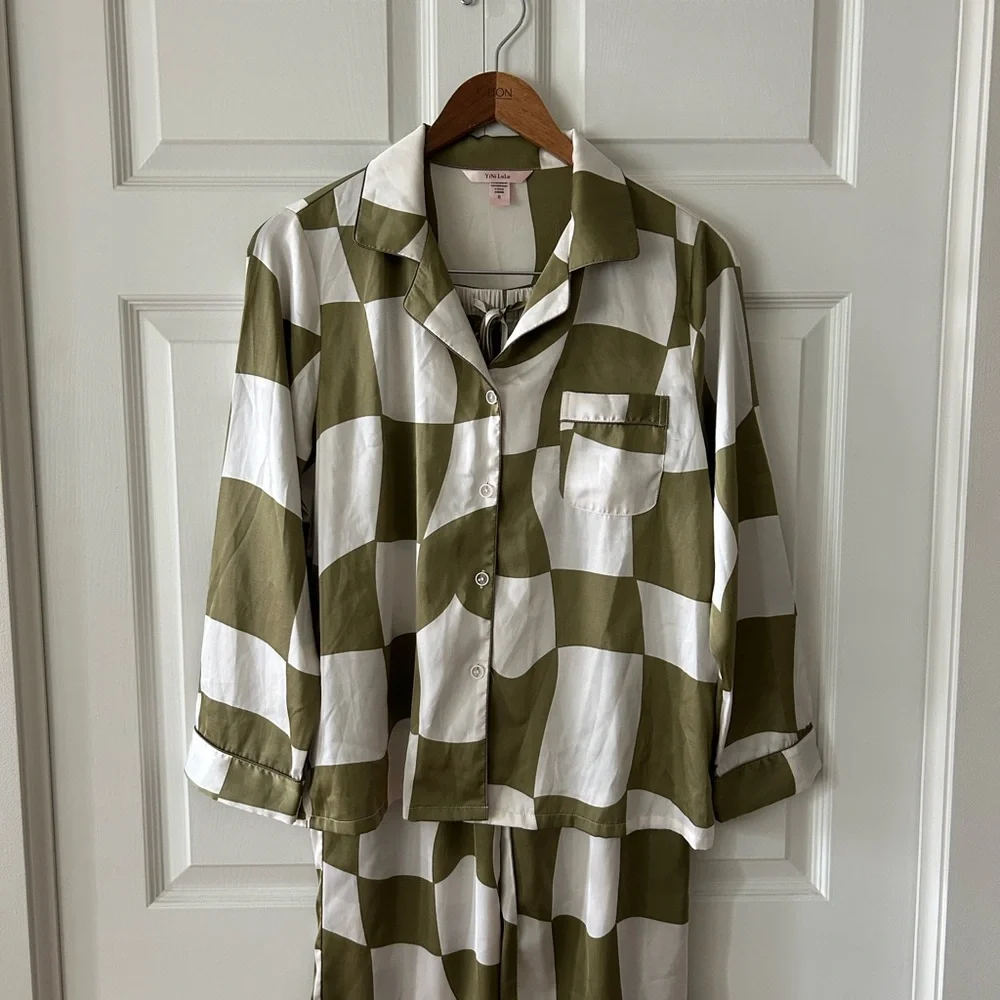 Yini Lulu Green and White Checkerboard Pajama Set Sz S - Picture 5 of 8